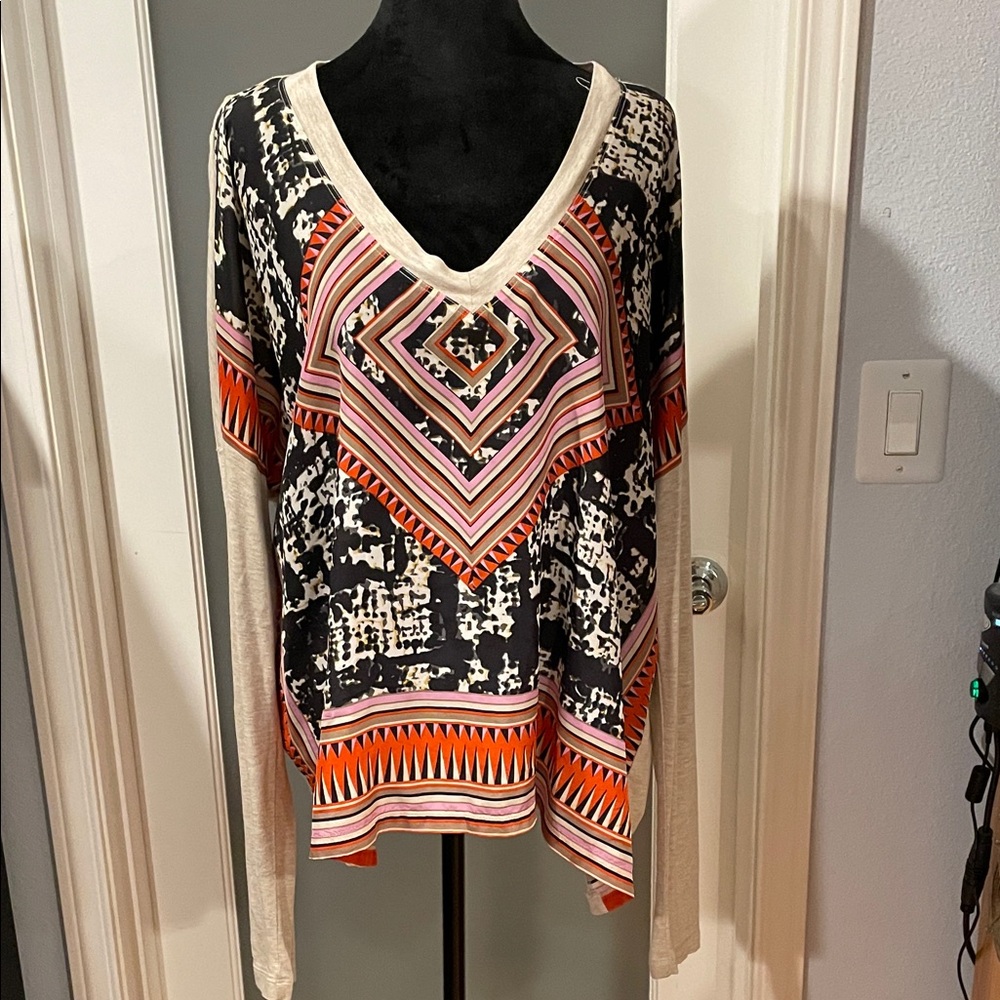 CAbi Black, Orange, Pink & Cream Geometric V-Neck Top